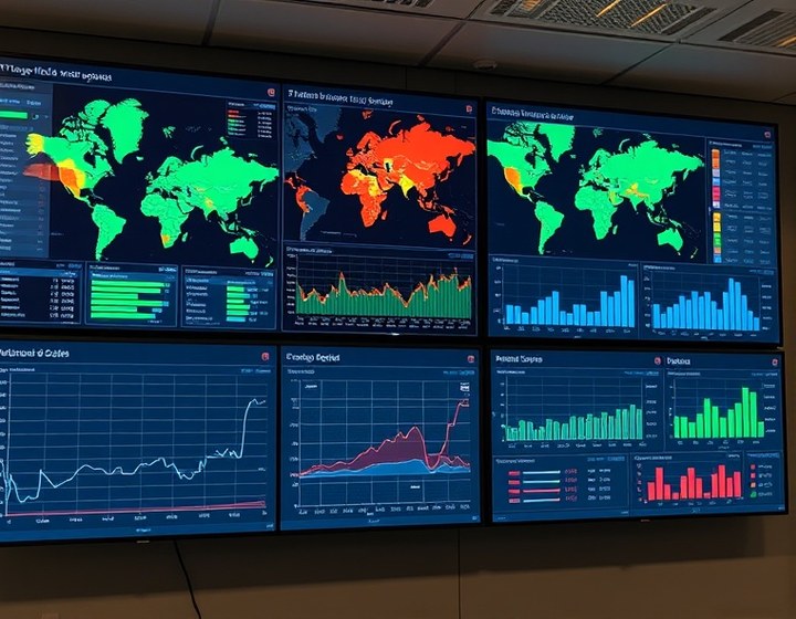Centro de monitoreo con el estado de la red de cajeros en pantalla